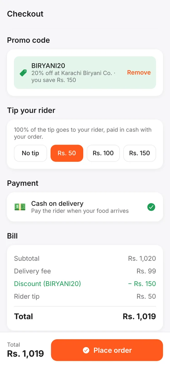 Checkout in the app